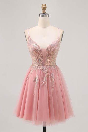 Blush Sequin A Line Tulle Homecoming Dress with Lace Up Back